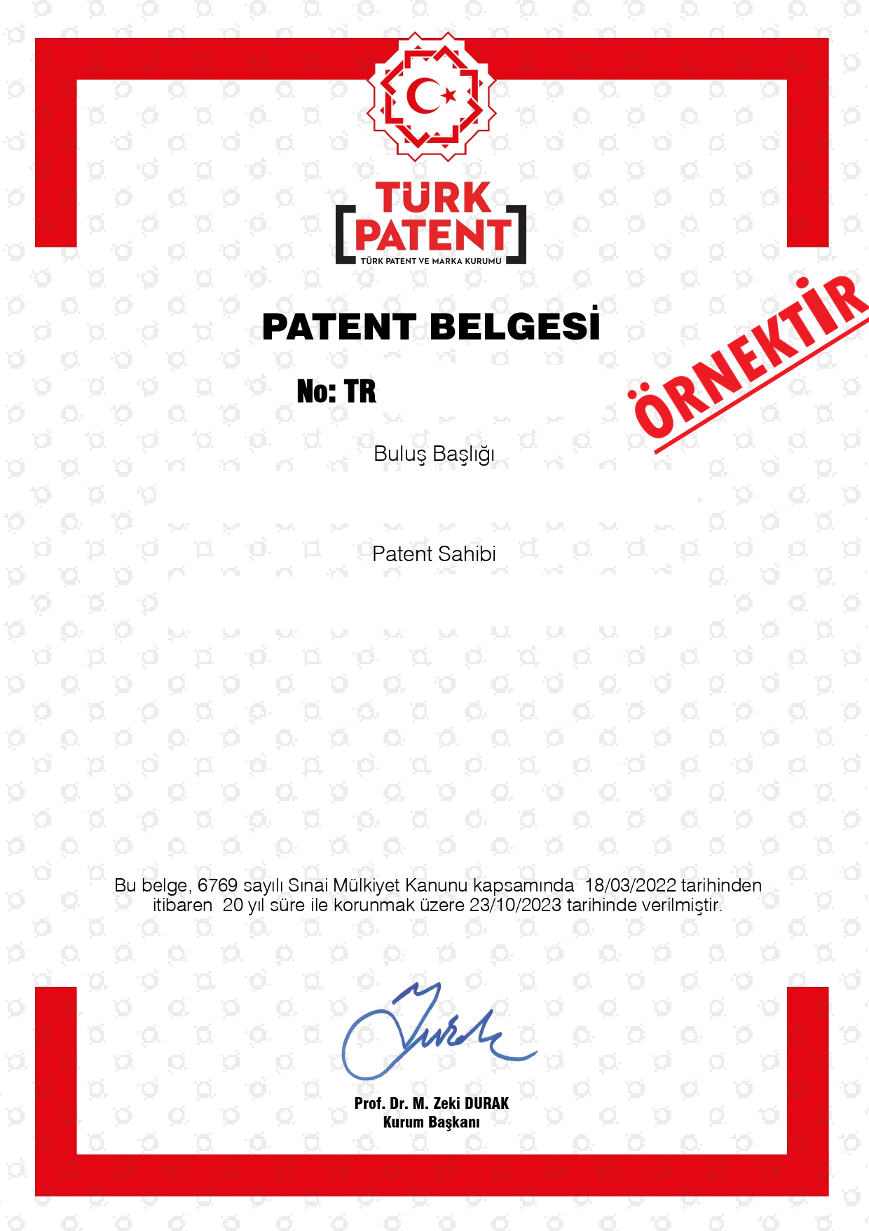 Örnek TÜRKPATENT patent tescil belgesi